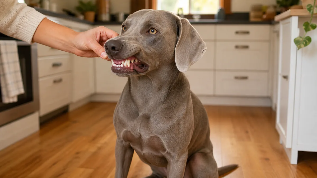a medium silver-grey short-coated dog with floppy ears and pale amber eyes sitting on a wooden floor in a bright kitchen with mouth slightly open showing clean white teeth while a persons hand gently lifts the dogs upper lip from the side warm morning light