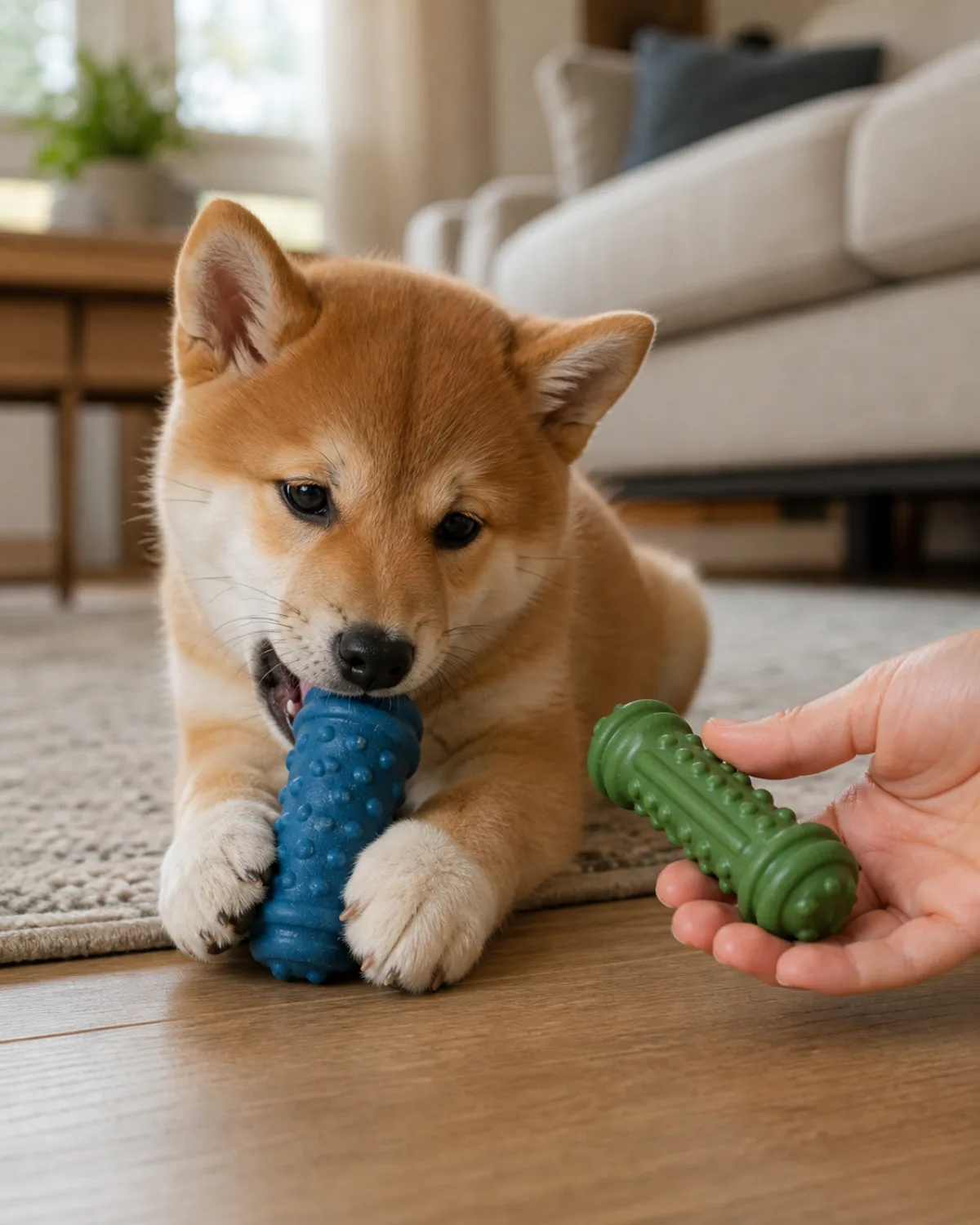 a medium fluffy puppy with a thick red-and-white coat and erect ears sitting on a living room floor with a frozen rubber chew toy between its front paws happily gnawing warm natural light