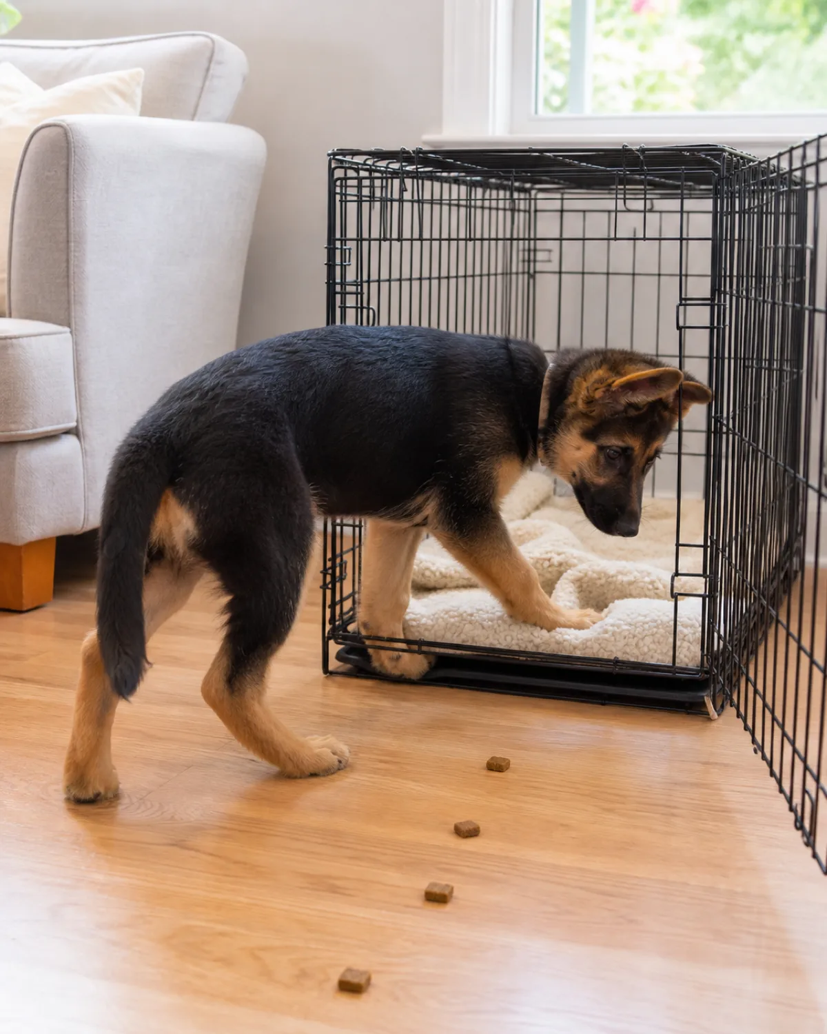 a medium black-and-tan puppy with semi-erect ears walking into an open wire crate on its own with a small trail of treats leading inside a soft fleece blanket visible inside bright living room