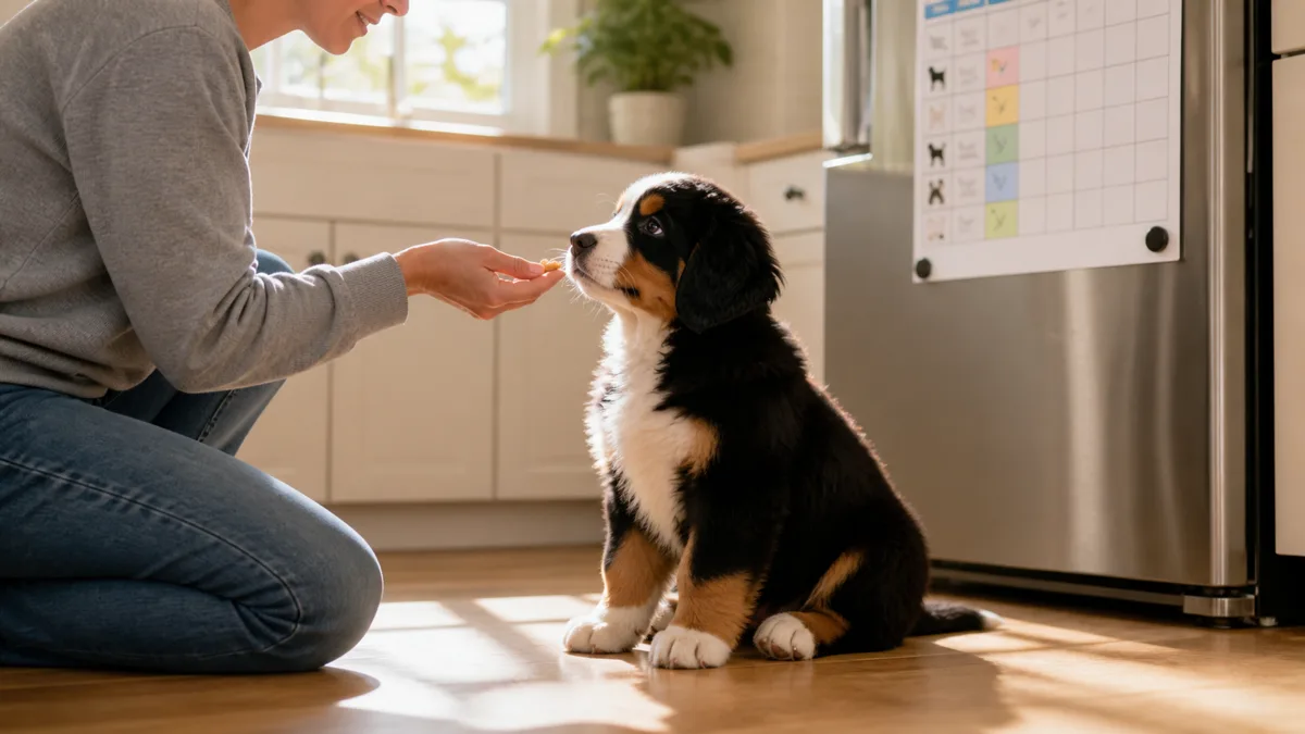 a small fluffy tricolor puppy with soft floppy ears and oversized paws sitting on a sunny kitchen floor looking up attentively at a person kneeling with a small treat in hand warm morning light through a window
