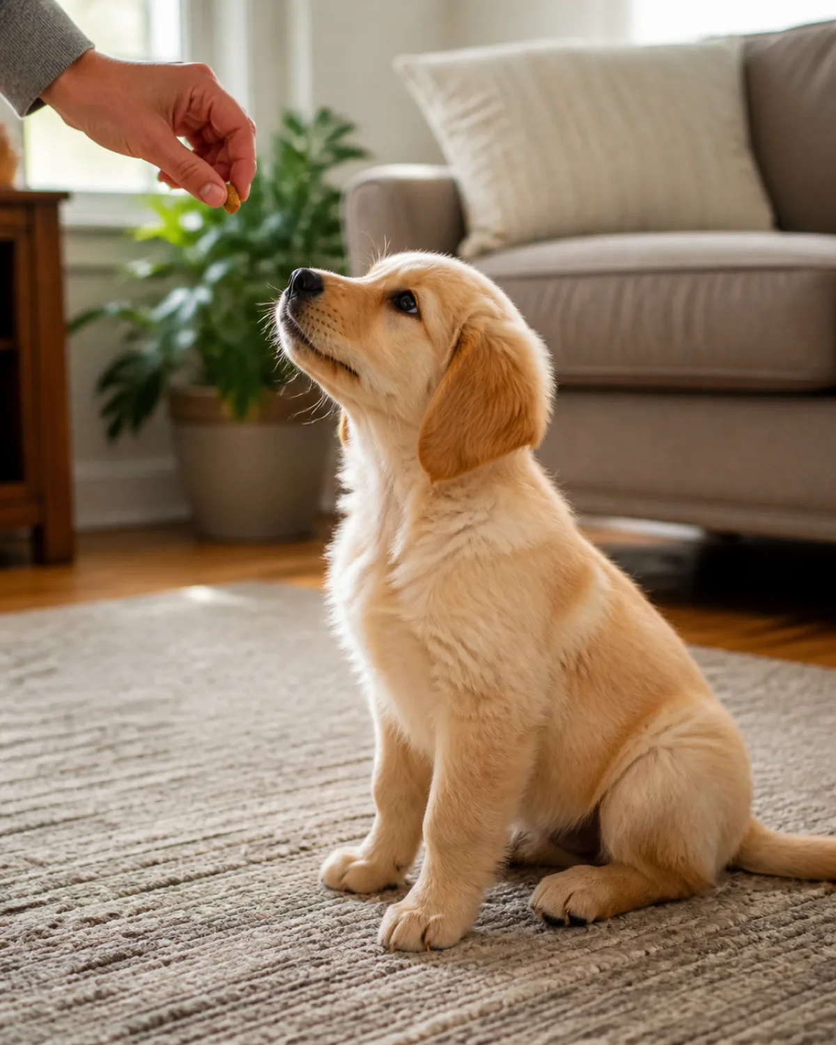 a small golden-cream fluffy puppy with soft wavy fur and floppy ears sitting on a living room rug looking up at a persons hand holding a treat just above the puppys nose warm natural window light