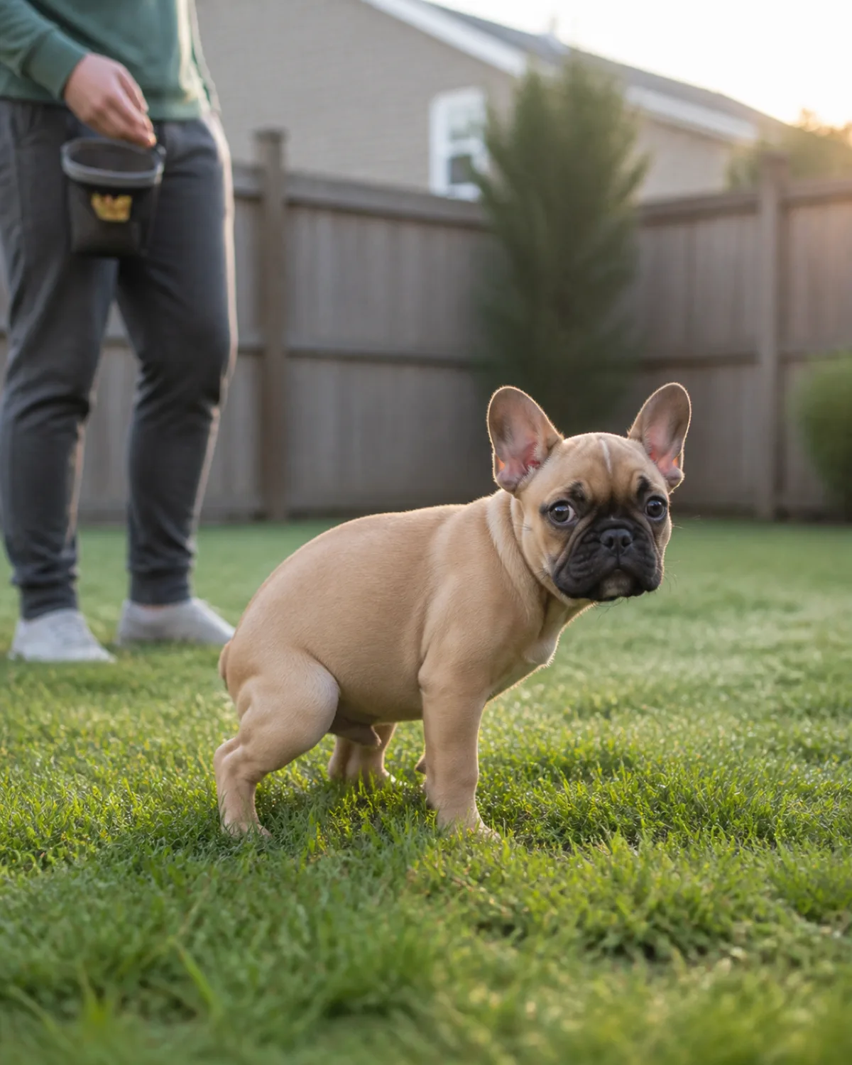 a tiny smooth-coated fawn puppy with bat-like erect ears squatting on a patch of green grass in a fenced backyard with a person standing nearby early morning soft light