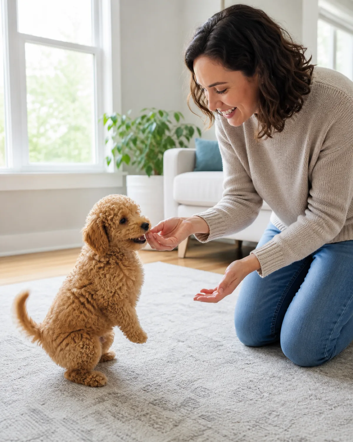 a tiny apricot-gold curly-coated puppy with round dark eyes and a teddy-bear face being rewarded with a treat after a successful sit the person kneeling with both hands reaching toward the puppy bright airy living room