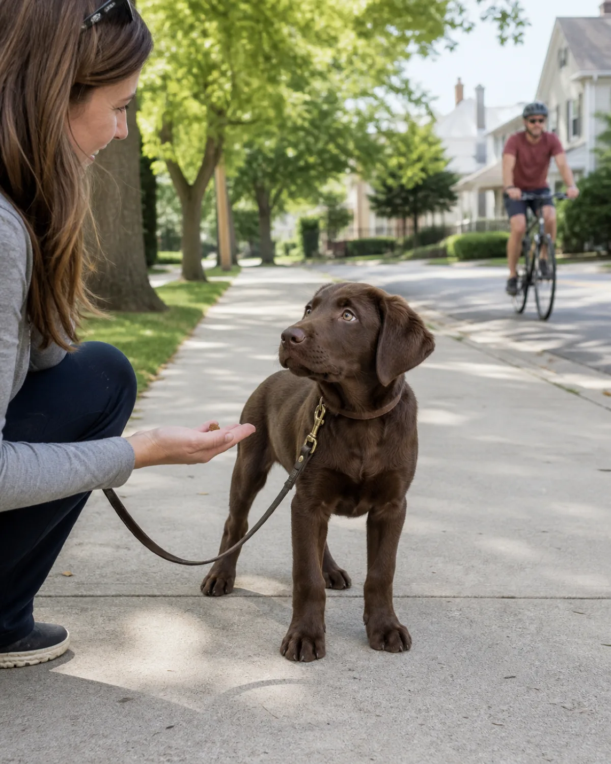 a medium chocolate-brown puppy with floppy ears standing on a sidewalk looking curiously at a person on a bicycle passing by at a safe distance the puppy on a loose leash with its owner crouching beside it bright outdoor morning light