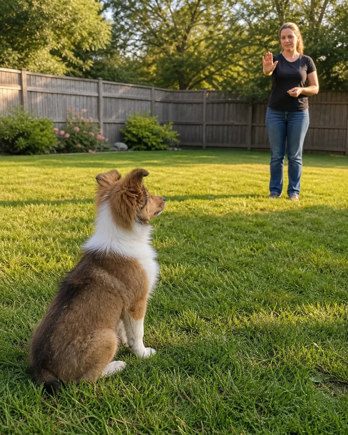 a medium sable-and-white puppy with a developing mane and semi-erect ears holding a sit-stay on a grassy backyard lawn a person standing 2 meters away with one palm held up in a stay signal afternoon golden light