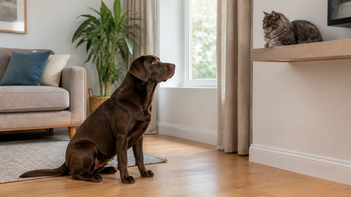 a large solid chocolate-brown short-coated dog with floppy ears and athletic build sitting calmly on a light hardwood floor in a bright modern living room while a fluffy grey domestic cat sits high on a wall-mounted shelf across the room watching the dog with calm curiosity