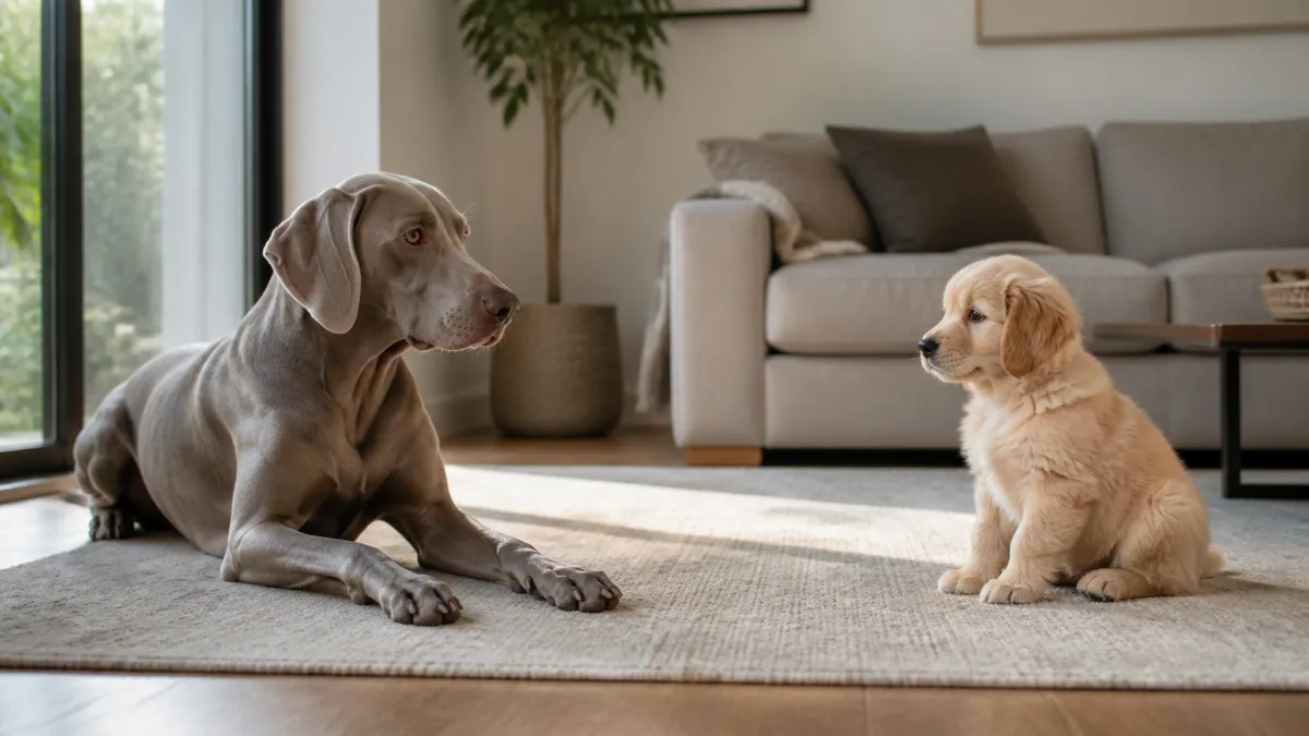 a large sleek dog with a smooth silver-grey short coat lying on a living room rug while a small cream-gold puppy sits two feet away looking curiously toward the adult in warm natural window light