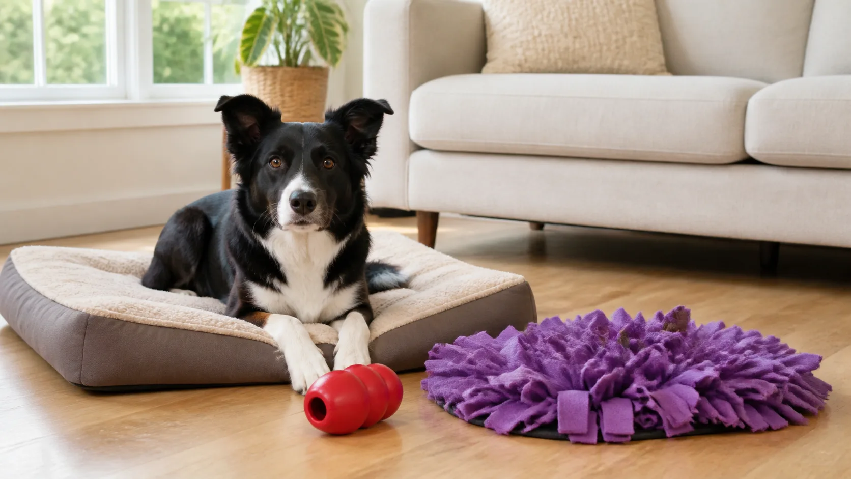 a medium athletic black-and-white dog with a white blaze and chest medium fur and semi-erect ears lying calmly on a dog bed beside a cream sofa in a bright living room with a red frozen KONG and purple snuffle mat on the light wood floor sunlight streaming through a large window