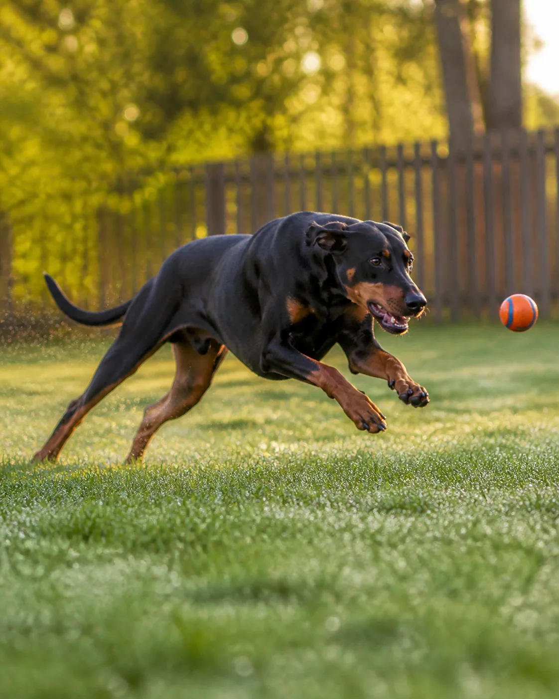 a large lean muscular dog with a sleek black-and-tan short coat sharp rust points and a long muzzle running at full sprint chasing an orange ball on a green backyard lawn in early morning golden light