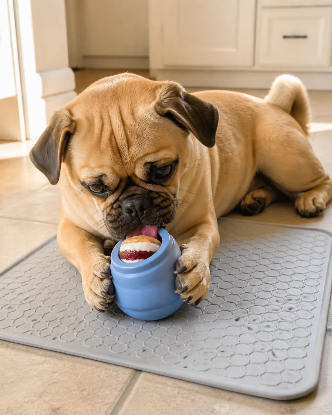 a small sturdy fawn dog with a wrinkled forehead round dark eyes curled tail and a flat face lying on its side on a light tile kitchen floor focused on licking a blue frozen KONG with visible frozen layered filling inside front paws resting on the KONG warm kitchen light