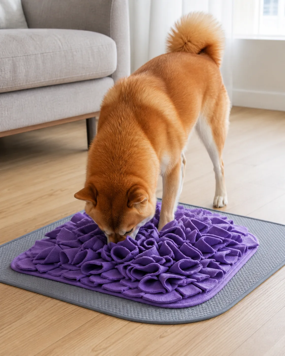 a medium dog with a thick orange-red double coat and white underside erect ears a curled tail and a fox-like face on a wood floor nose buried deep into the folds of a purple snuffle mat searching for kibble tail slightly raised in focused concentration