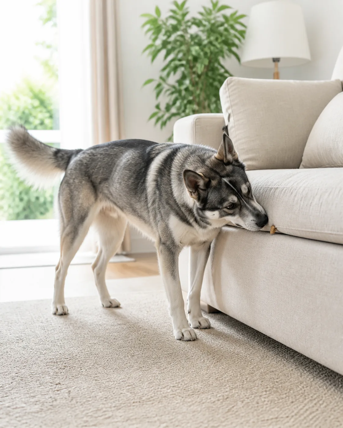a medium athletic double-coated grey-and-white dog with a symmetric darker facial mask erect triangular ears and a bushy tail standing beside a sofa with nose pressed against the cushion edge sniffing intently for hidden treats bright living room natural light