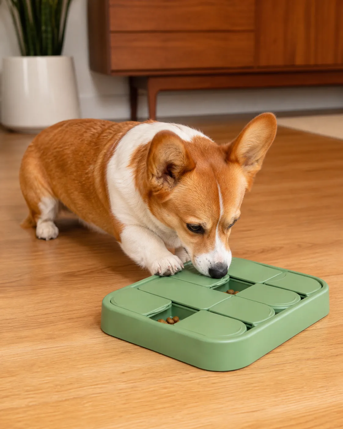 a small dog with very short legs and a long low body a red-and-white coat oversized erect ears and a foxy face on a wood floor using its nose to push a green sliding-lid puzzle feeder one front paw resting on the feeder edge focused expression warm indoor light