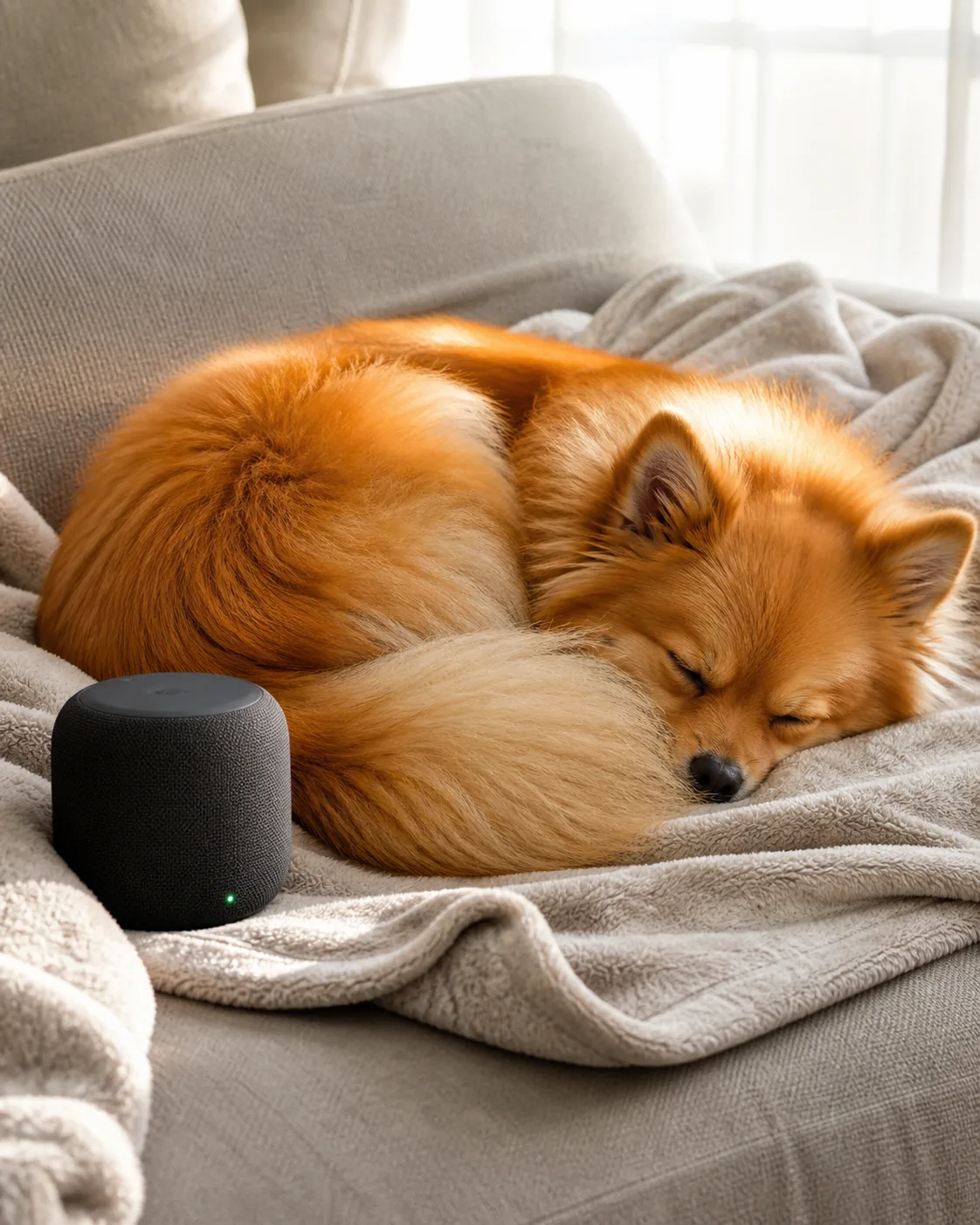 a tiny dog with a profuse fluffy orange double coat a foxy face small erect ears and a plumed tail curled on a light grey blanket on a sofa napping peacefully with a bluetooth speaker nearby showing a small green light soft afternoon window light
