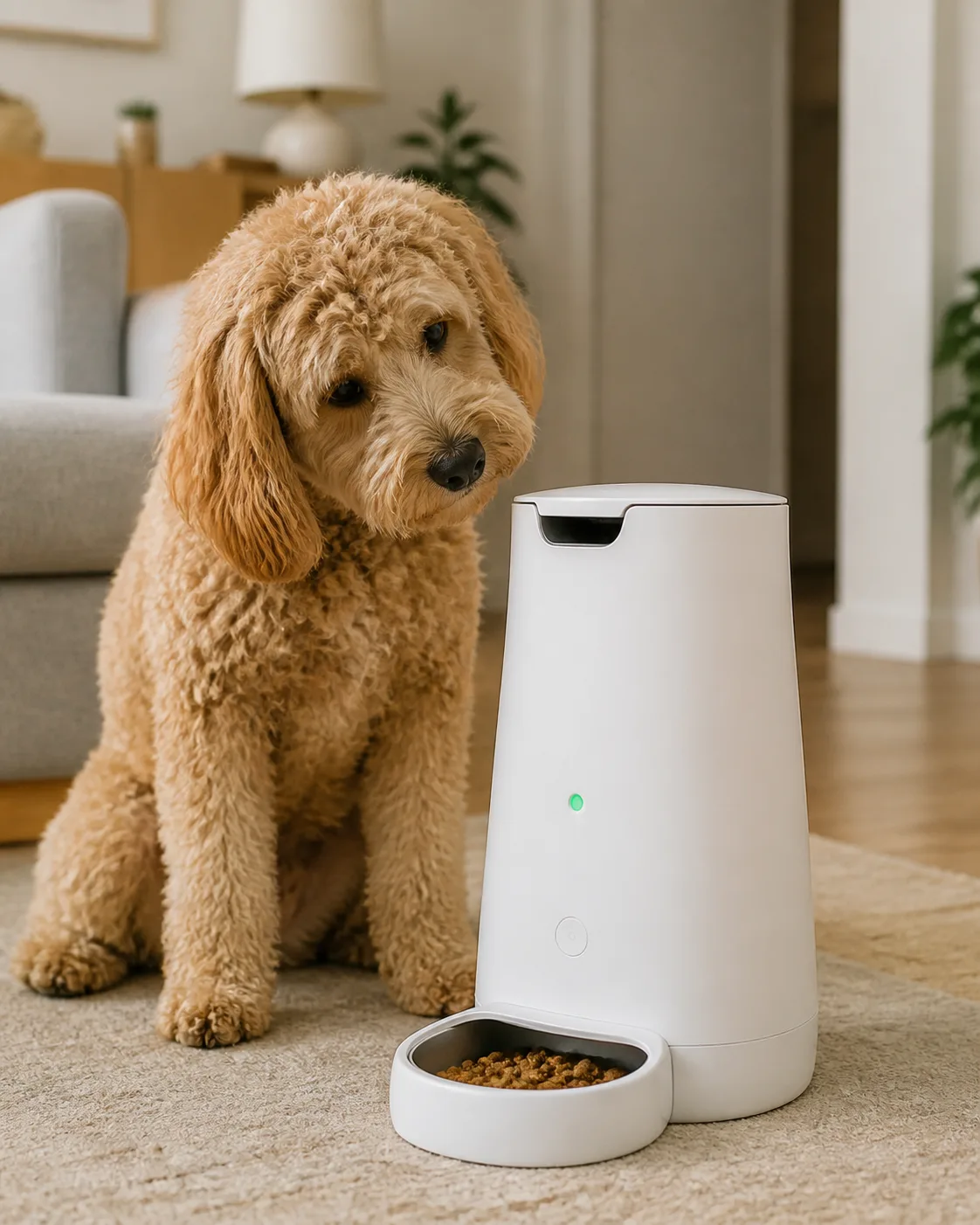a medium dog with a soft shaggy wavy-to-curly golden coat floppy ears and a rounded teddy-bear face sitting on a living room floor in front of a white automatic treat dispenser head tilted slightly looking curiously at the dispenser top outlet