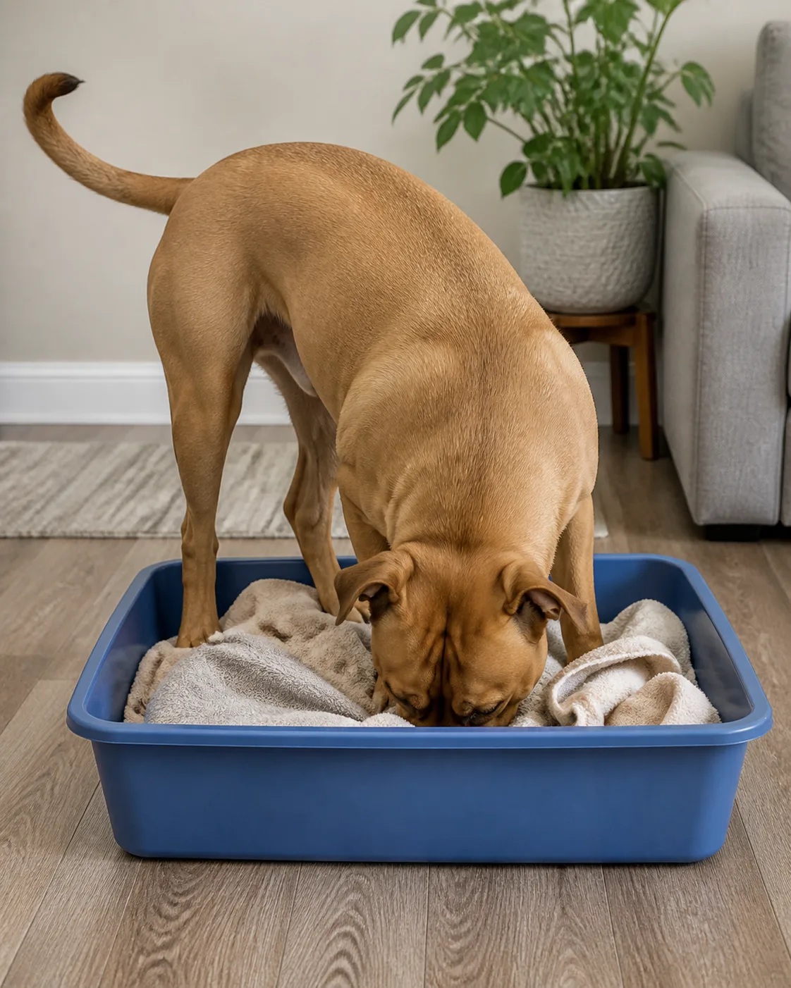 a medium muscular dog with a broad blocky head wide-set eyes a short smooth fawn coat and a strong jaw standing inside a blue shallow plastic storage bin in a living room corner nose buried in crumpled old towels digging for hidden treats tail wagging clean floor around the bin warm indoor lighting