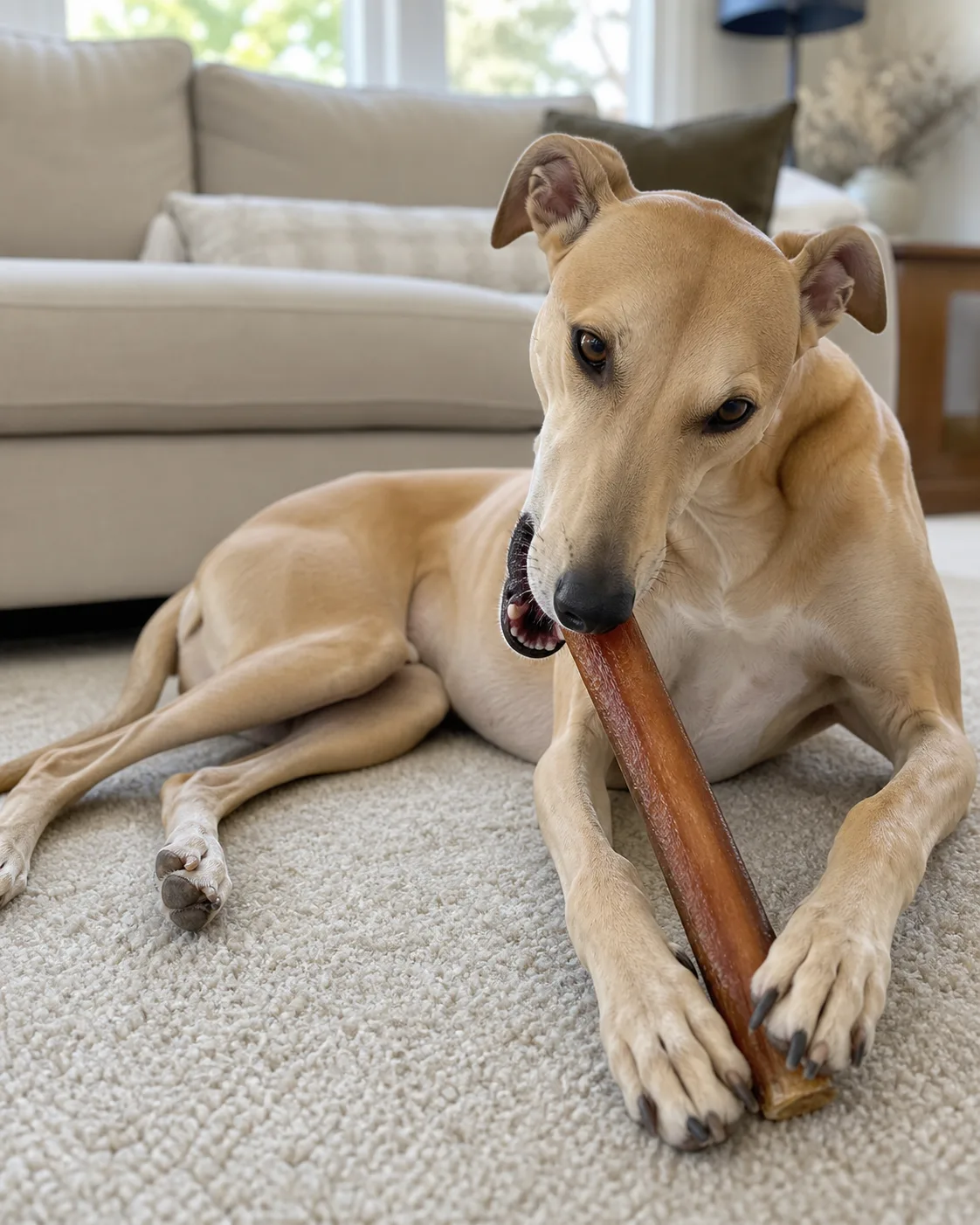 a large lean deep-chested dog with a tucked waist very long slim legs a short fawn coat and rose-folded semi-erect ears lying on its side on a carpet quietly chewing a thick bully stick front paws holding the stick steady relaxed content expression blurred sofa and window light in background
