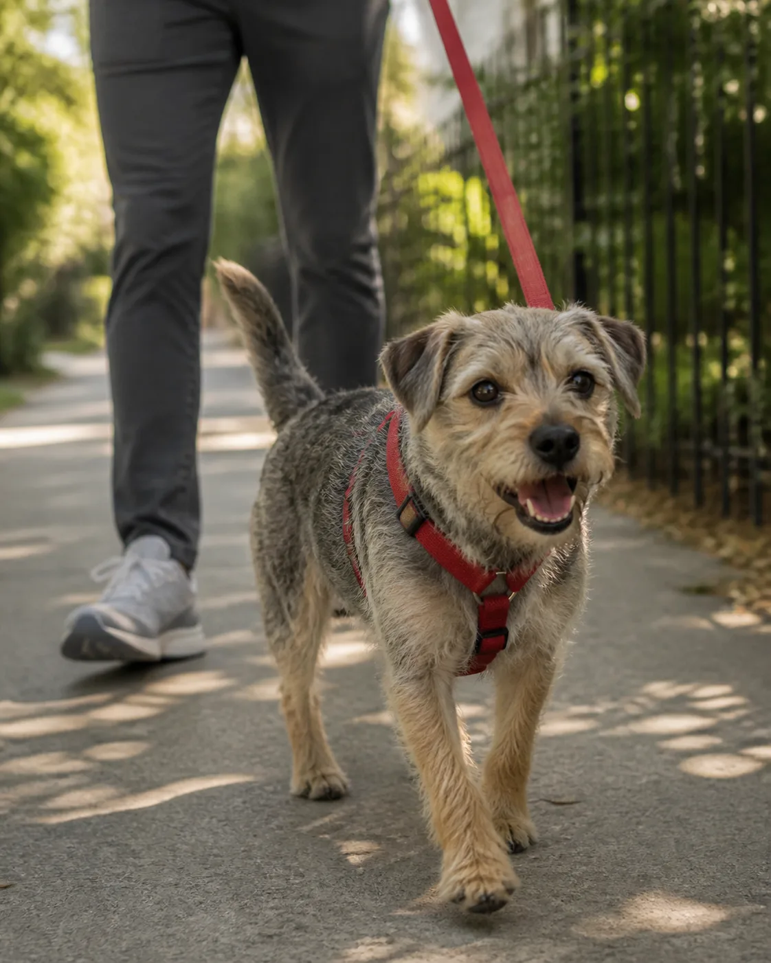 a small scruffy dog with a rough grizzle-and-tan coat folded V-shaped ears and an otter-like head walking on a sidewalk wearing a red harness accompanied by a person in sneakers visible only from waist down dog expression happy mouth slightly open bouncy gait afternoon street with dappled sunlight