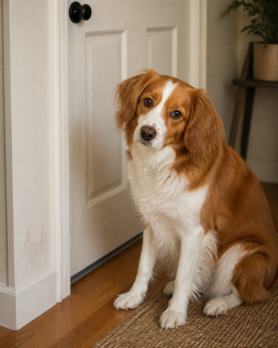 a medium dog with a chestnut-and-white silky medium coat long feathered floppy ears and a gentle round-eyed face sitting on the floor near an entryway door a few subtle light-colored scratch marks visible on the door frame dog expression calm but slightly head-tilted warm indoor lighting