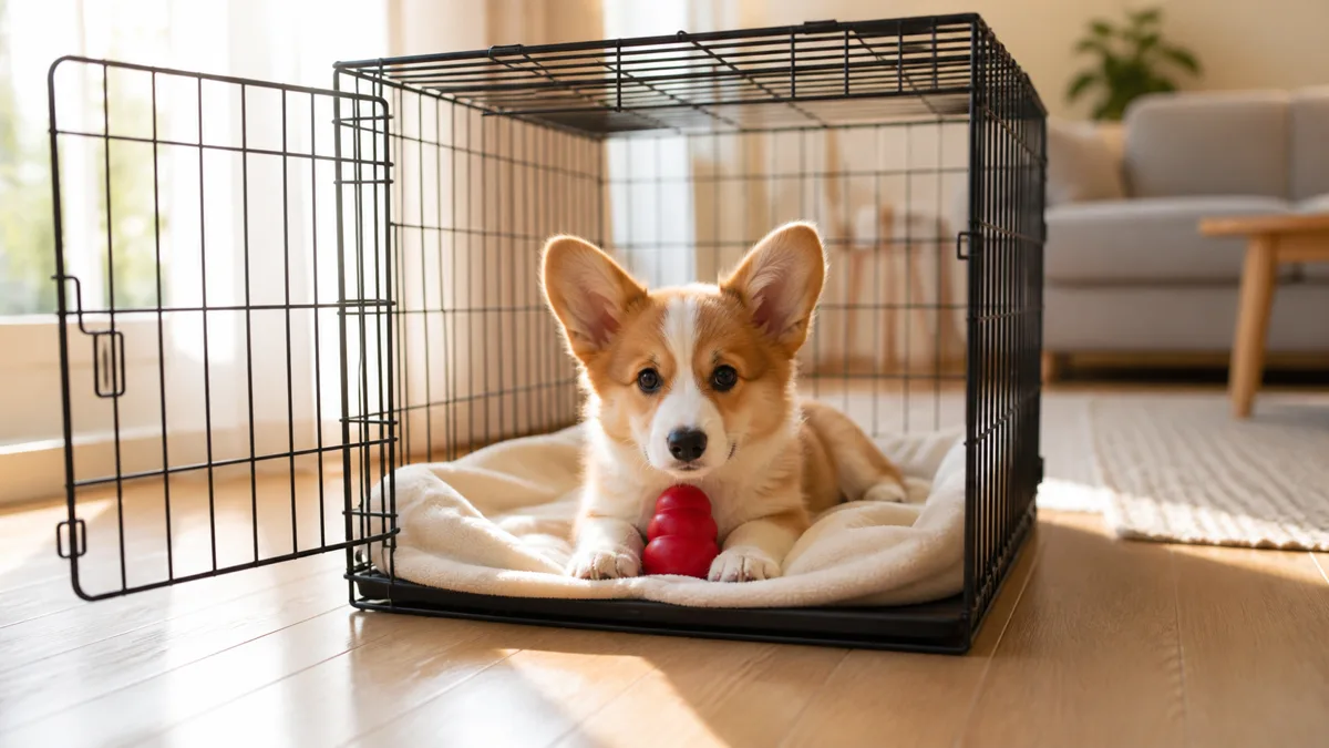 a small dog with very short legs and a long low body a rich red-and-white coat oversized erect pointed ears and a bright foxy face lying calmly inside an open wire crate with a soft cream blanket and a stuffed Kong toy between its front paws in a bright sunlit living room