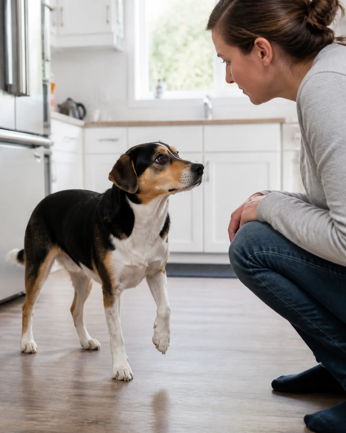 a medium tricolor dog with a smooth coat droopy ears and soulful brown eyes standing in a kitchen head low tail neutral one front paw slightly lifted looking up at a person who is crouching at dog level observing the dogs posture carefully with both hands relaxed at their sides bright kitchen light
