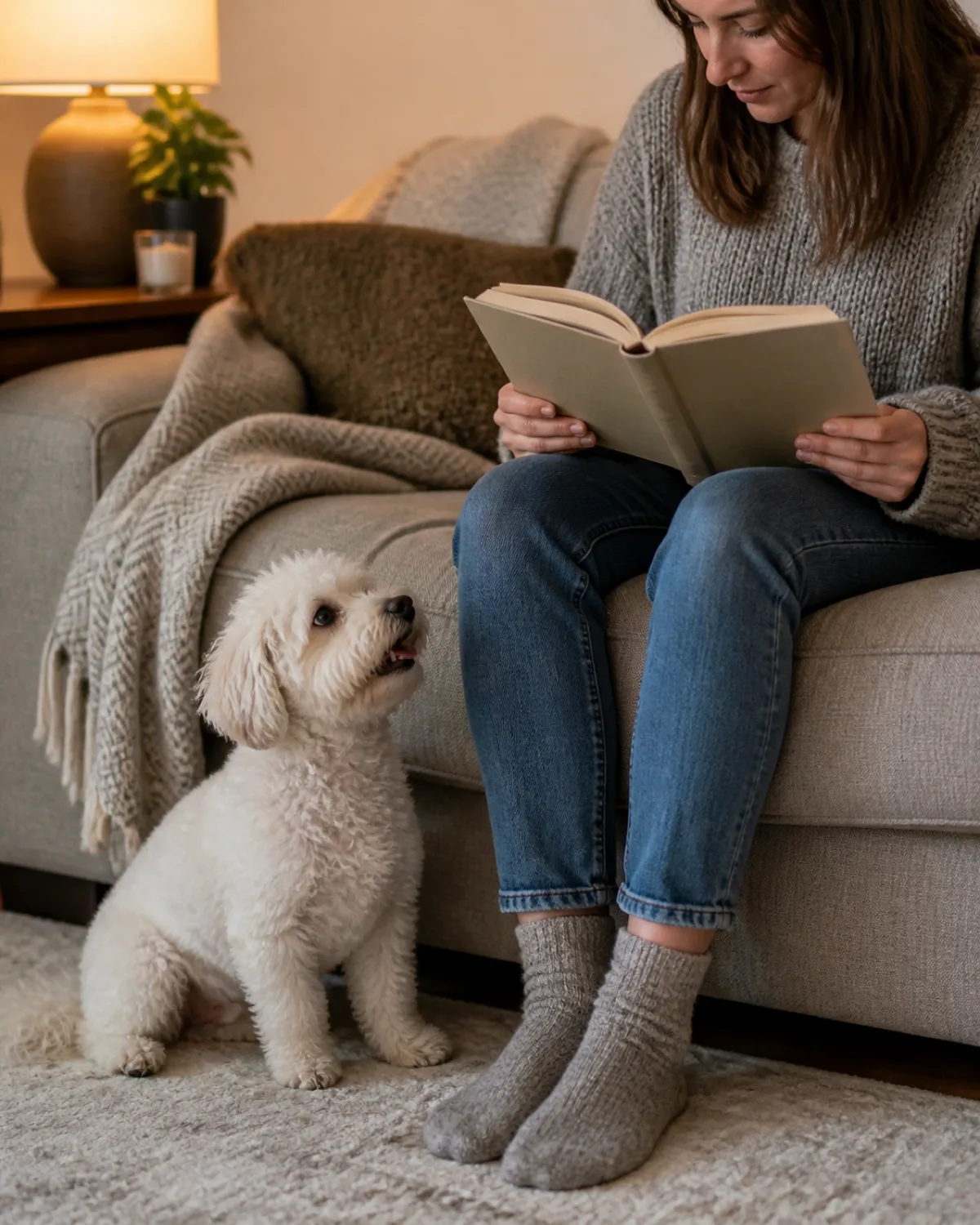 a small fluffy white dog with a round face dark button eyes and a short muzzle sitting on the floor next to a persons legs on a sofa while the person reads a book and deliberately does not look at the dog the dog looking up with a soft expectant expression warm cozy living room with a throw blanket on the sofa