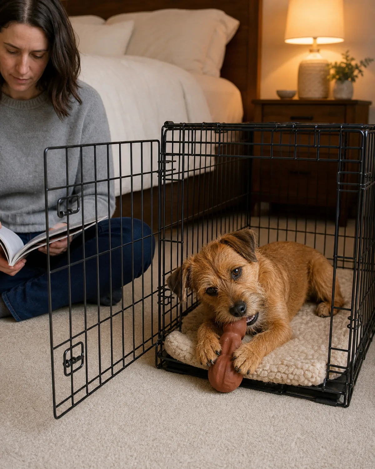 a small red-brown dog with a wiry coat perky eyebrows and a bearded muzzle lying calmly inside an open wire crate with a soft fleece pad chewing on a stuffed Kong toy the crate door wide open showing this is voluntary a person sitting cross-legged on the floor nearby reading a magazine warm bedroom light