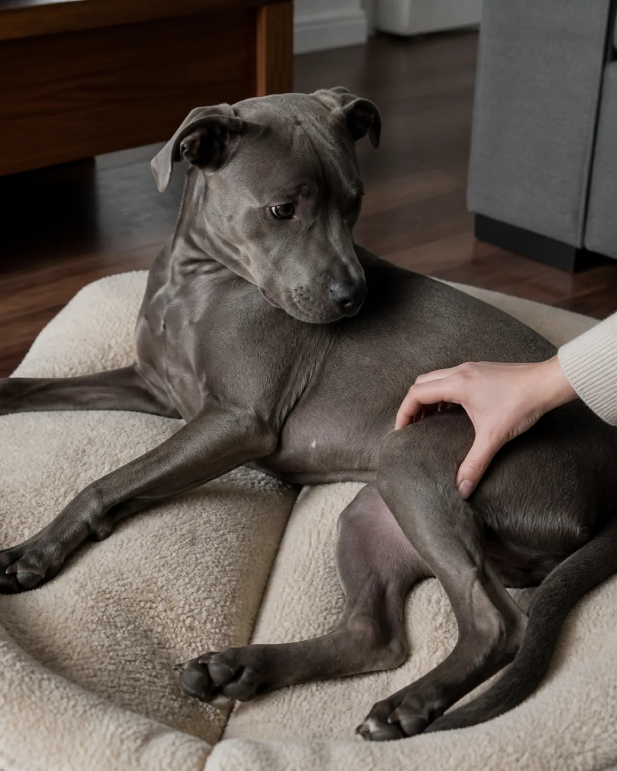 a medium grey dog with a short smooth coat lean muscular build deep chest and rose-shaped ears lying on its side on a soft dog bed while a person gently touches the dogs hind leg with careful fingertips and the dog looks back at the hand with a soft but slightly alert expression warm indoor light calm quiet room