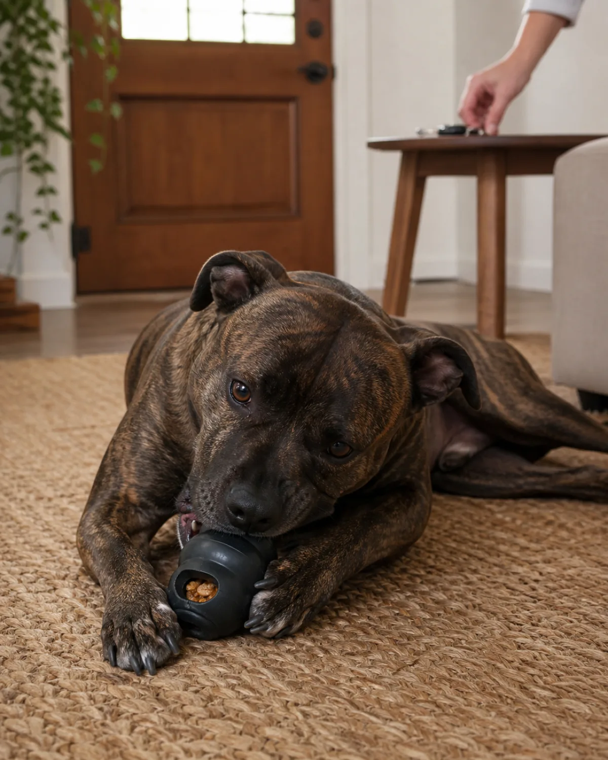 a medium brindle dog with a short sleek coat muscular build wide-set ears and a broad face lying on a living room rug chewing a frozen Kong toy with a front door visible in the background and a persons hand placing car keys on a table by the door warm indoor light relaxed scene