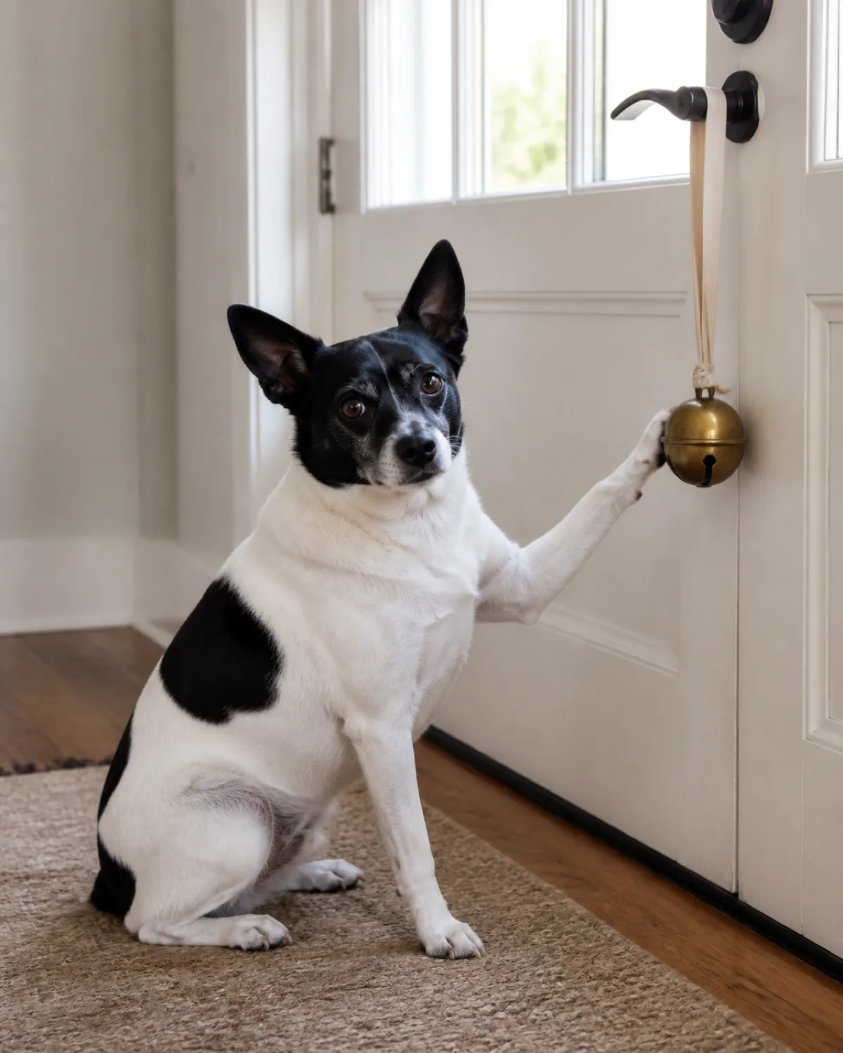 a small black-and-white dog with a compact body erect pointed ears and alert dark eyes sitting calmly in front of a closed back door one paw raised and touching a large brass jingle bell hanging from a ribbon on the door handle looking up at the camera with a composed expression bright natural light