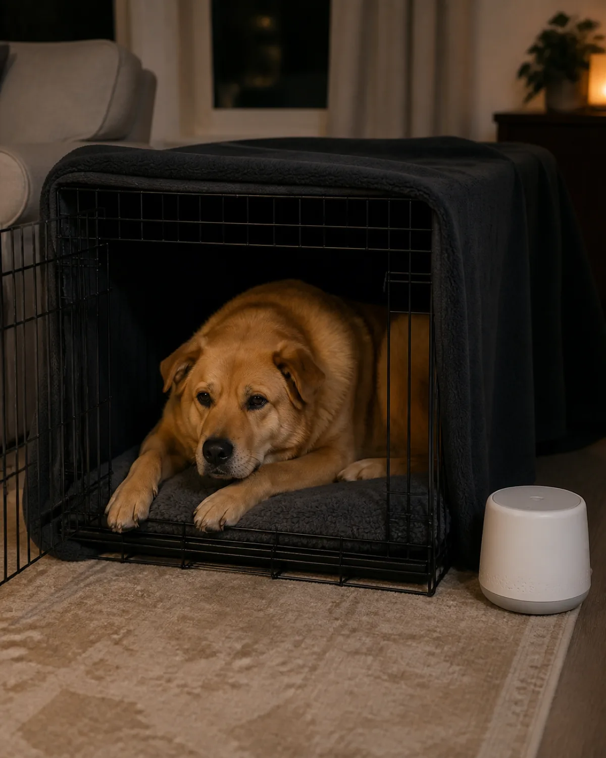 a large tawny-gold dog with a thick double coat broad head and gentle dark eyes lying inside an open wire crate draped with a dark blanket over the top and sides creating a den a small white noise machine on the floor beside the crate the dogs expression calm and drowsy soft dim indoor light suggesting evening