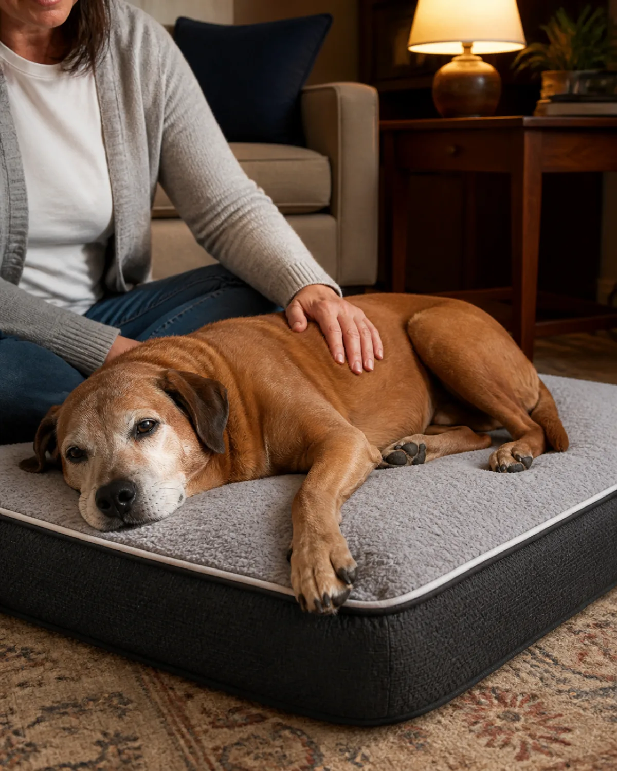 a senior dog with a russet-red smooth coat showing a distinctly grey muzzle and grey around the eyes medium build with slightly stiff posture lying on a thick orthopedic memory foam bed on a living room floor while a person sitting beside the bed gently strokes the dogs side the dogs expression peaceful and calm warm soft lamp light