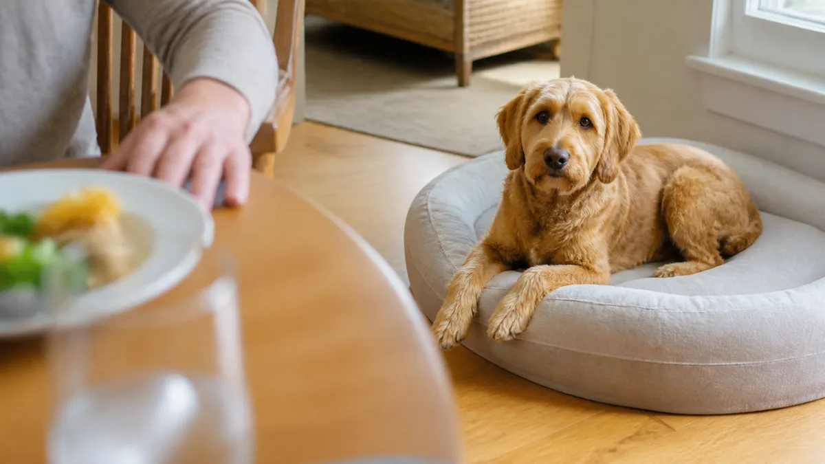 a medium golden-brown dog with a wavy coat expressive dark eyes and floppy ears lying calmly on a light grey dog bed on the floor a few feet from a wooden dining table with plates and food as soft foreground blur a person sitting at the table not reaching toward the dog warm afternoon natural light