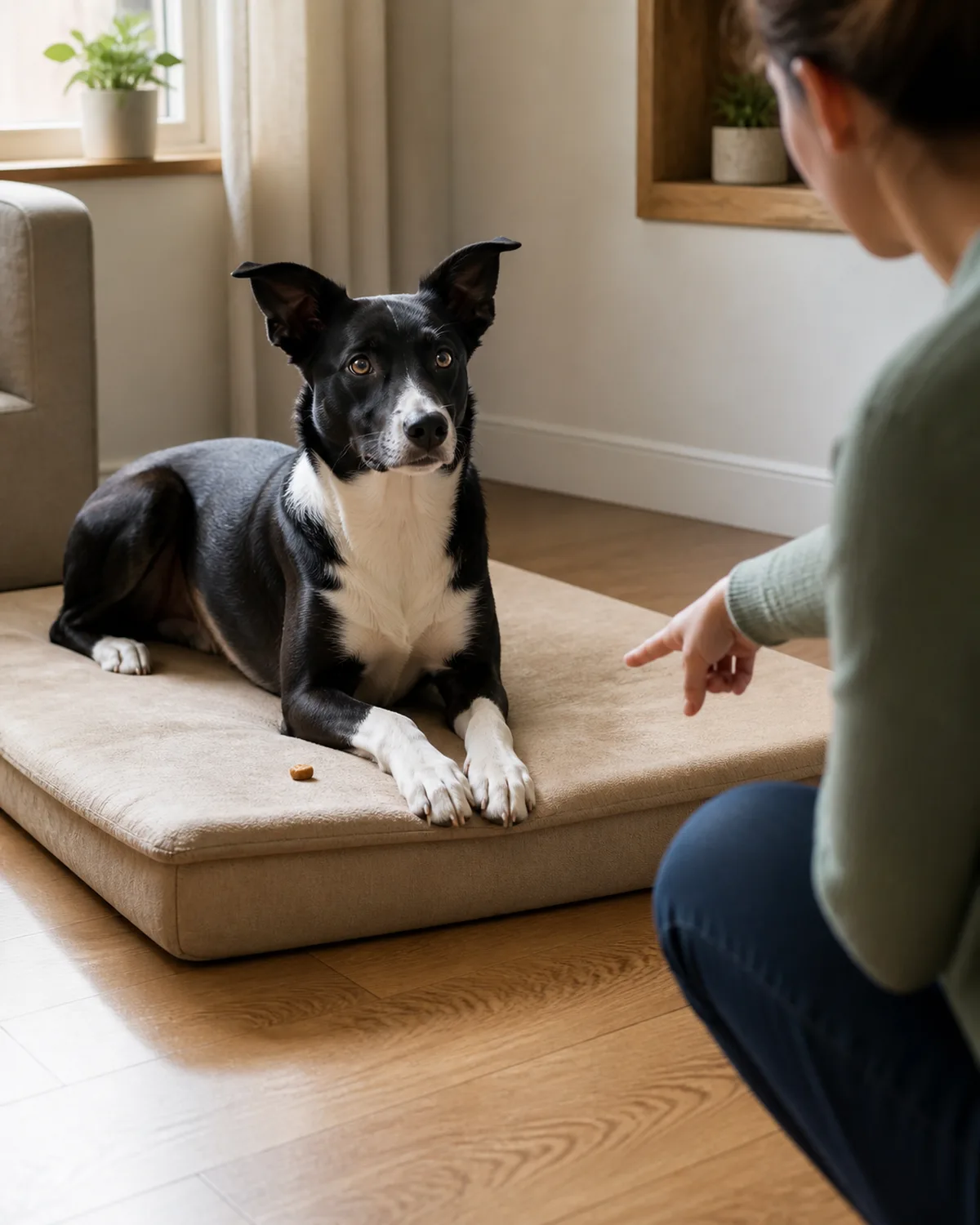 a medium black-and-white dog with a smooth coat alert semi-erect ears white chest and paws lying calmly on a beige rectangular dog mat in a living room corner front paws neatly placed at the mat edge looking attentively forward a small training treat visible on the mat near the paw a person crouching two meters away pointing toward the mat light hardwood floor warm window light