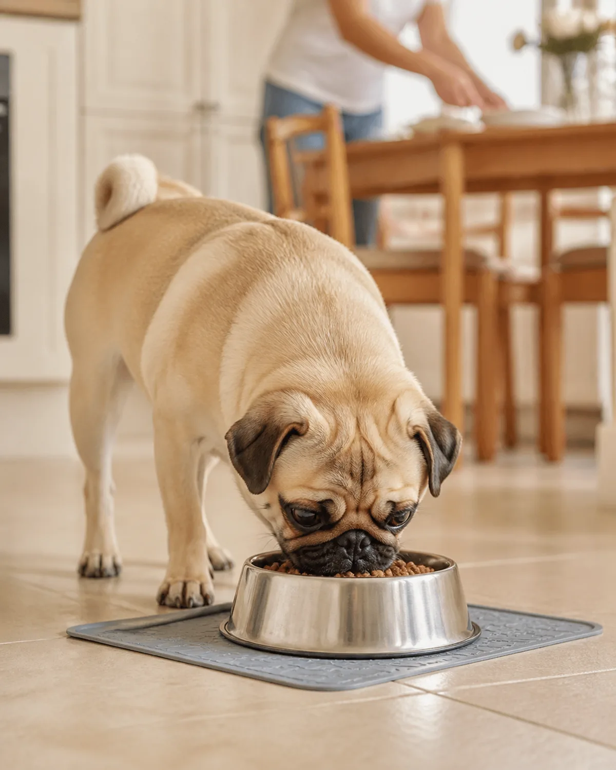 a small sturdy fawn dog with a wrinkled forehead round dark eyes curled tail and a flat face eating kibble from a stainless steel bowl on a grey feeding mat on a kitchen floor head down focused on the food background shows a blurred dining table with a person setting plates warm kitchen lighting