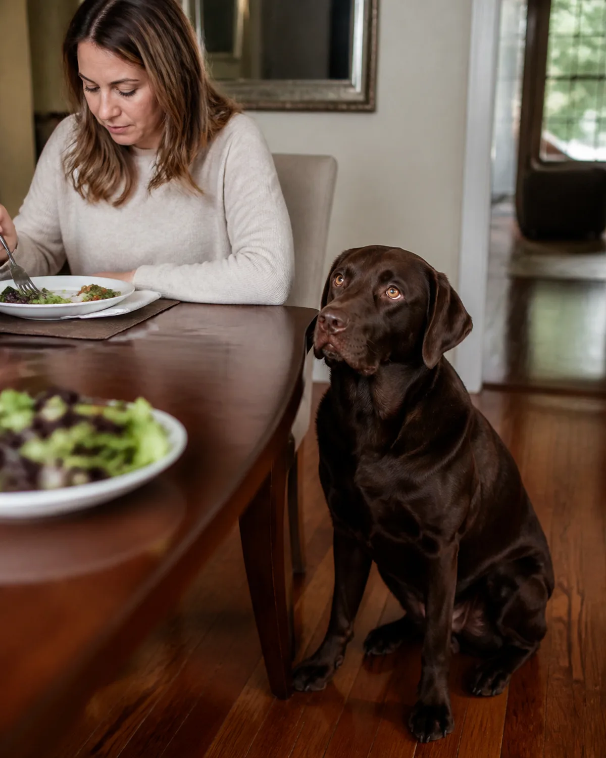 a large chocolate-brown dog with a smooth glossy coat floppy ears and soulful amber eyes sitting on a hardwood floor beside a dining table looking up with a gentle hopeful expression a plate of food on the table slightly out of focus a person sitting at the table with eyes on their plate not looking at the dog warm dining room lighting
