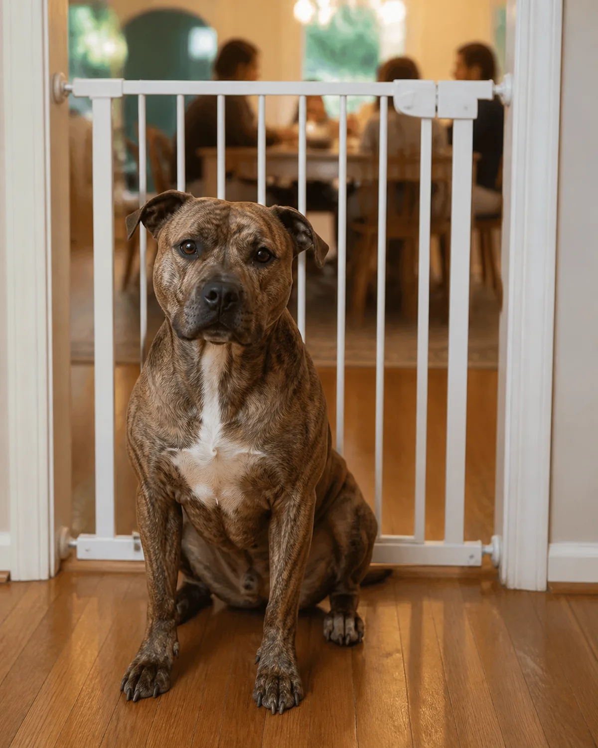a medium muscular brindle dog with dark stripes on a tawny base rose ears and a wide chest sitting calmly on the living room side of a white baby gate installed in a doorframe the dog can see through the gate into a blurred dining room where people sit at a table the expression is calm and relaxed front paws on the floor not jumping on the gate warm indoor lighting