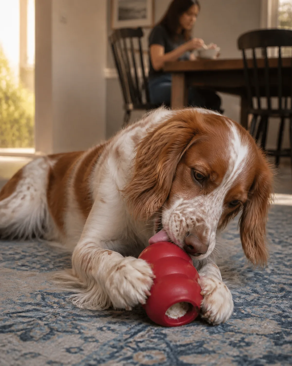 a medium red-and-white dog with a feathered silky coat long floppy ears freckled muzzle and gentle dark eyes lying on its side on a living room rug contentedly licking a red rubber KONG toy held between its front paws frozen filling visible inside the KONG opening background shows a blurred person sitting at a dining table eating the dog is completely focused on the KONG warm afternoon light