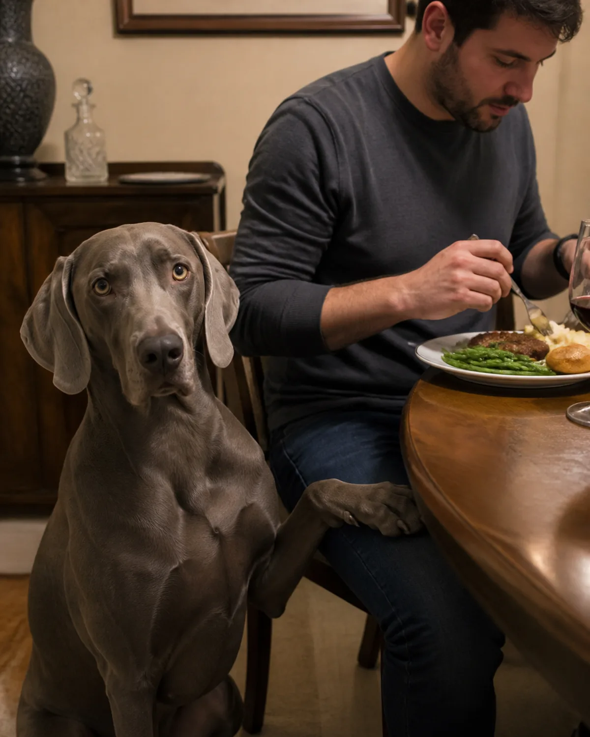 a large sleek grey dog with a short smooth coat long droopy ears light amber eyes and a dignified expression one front paw resting on a persons thigh beside a dining table the person is deliberately not looking at the dog and continues eating with both hands holding utensils eyes on their plate the dogs expression shows mild confusion at getting no response warm dining room lighting