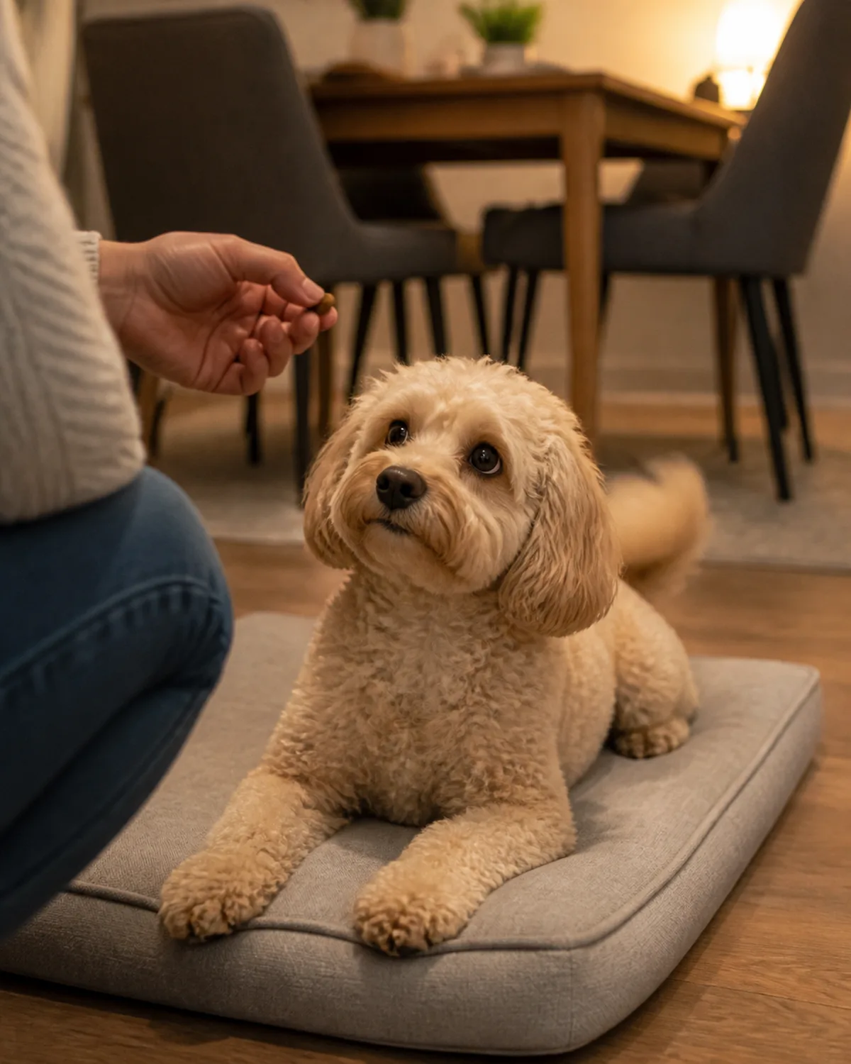 a medium apricot-cream dog with a curly teddy-bear coat round dark eyes and a black nose lying contentedly on a light grey dog mat in a dining room corner a person crouching beside the mat offering a training treat to the dog the dogs tail slightly moving with a happy expression while maintaining a down position warm evening dining room lighting with a table in the background