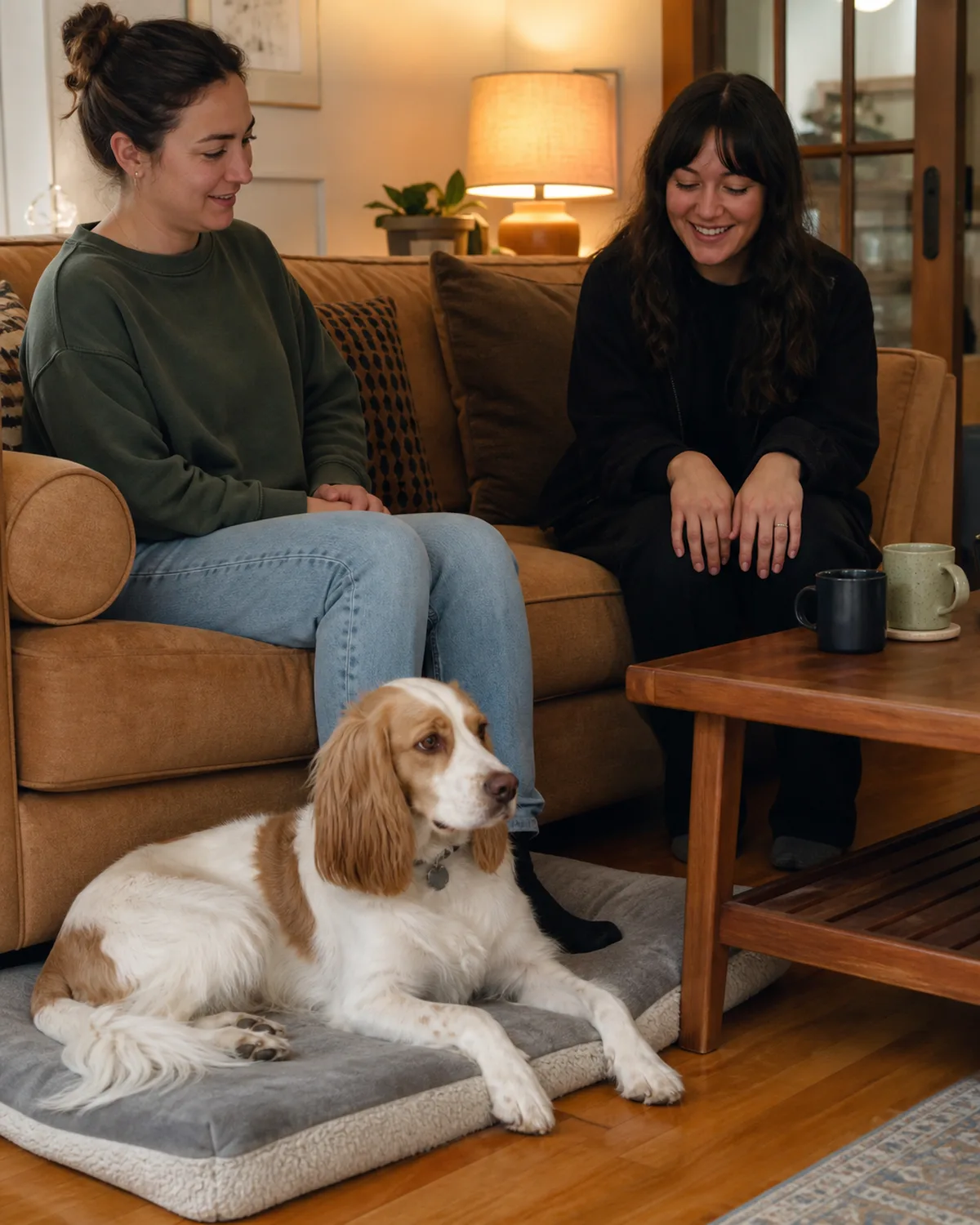 a medium white-and-tan dog with a silky medium coat long floppy ears and a gentle face lying calmly on a dog mat beside a sofa two people sitting on the sofa one the owner one a guest the guest smiling and looking at the dog with hands on their own knees not reaching toward the dog a coffee table with beverages but no food near the dog warm living room lighting