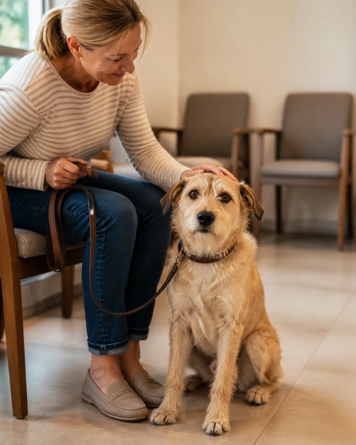 a medium sandy-blonde dog with a wiry coat bushy eyebrows a beard dark eyes and alert folded ears sitting calmly on the floor beside its owner in a bright veterinary waiting area the owner has one hand on the leash and the other gently resting on the dogs head blurred waiting chairs and light-colored walls in background the atmosphere is relaxed warm indoor lighting