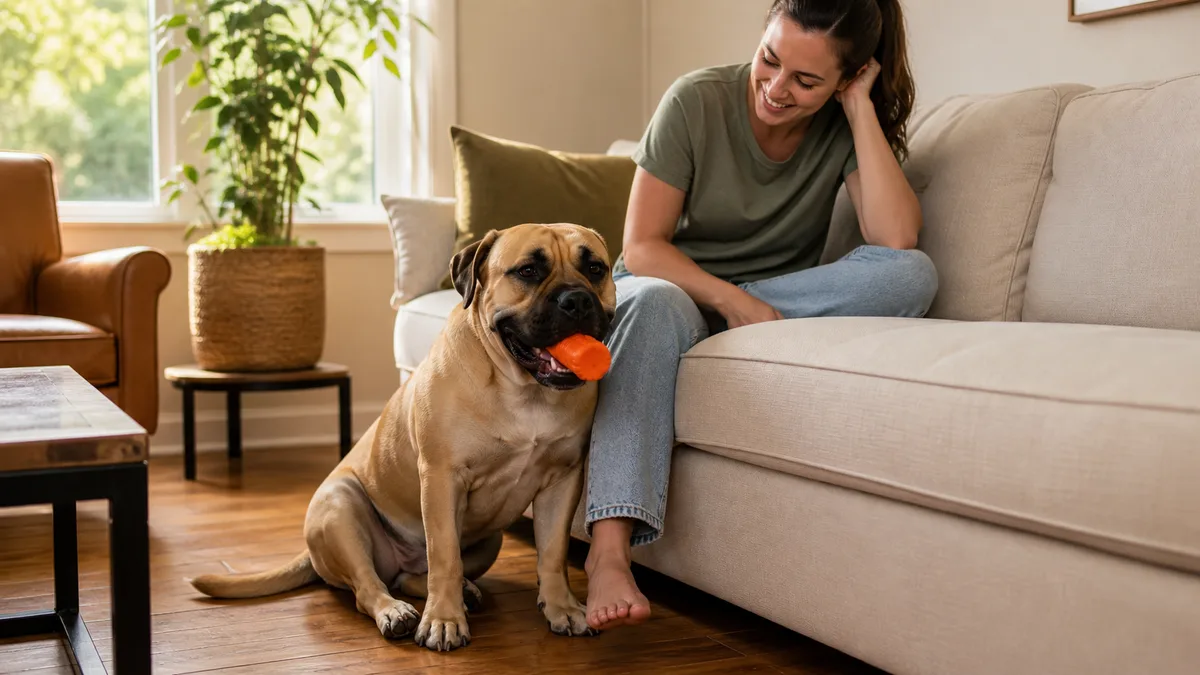 a medium muscular fawn coated dog with a broad blocky head sitting on a hardwood floor beside a cream sofa holding an orange rubber chew toy in its mouth looking content while a person sits on the sofa smiling down at the dog warm afternoon light