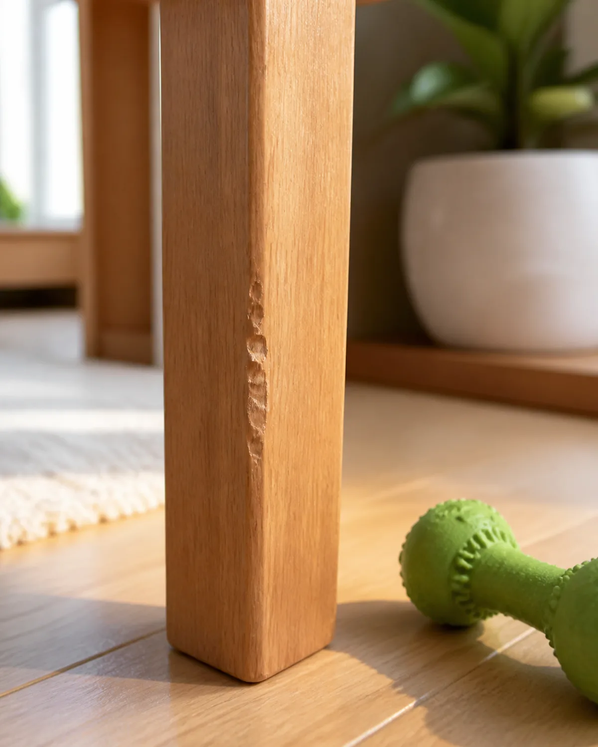 a close up of a light wooden table leg in a bright living room showing a few shallow tooth marks on the lower section with an untouched green rubber chew toy on the hardwood floor beside it warm side lighting from a nearby window