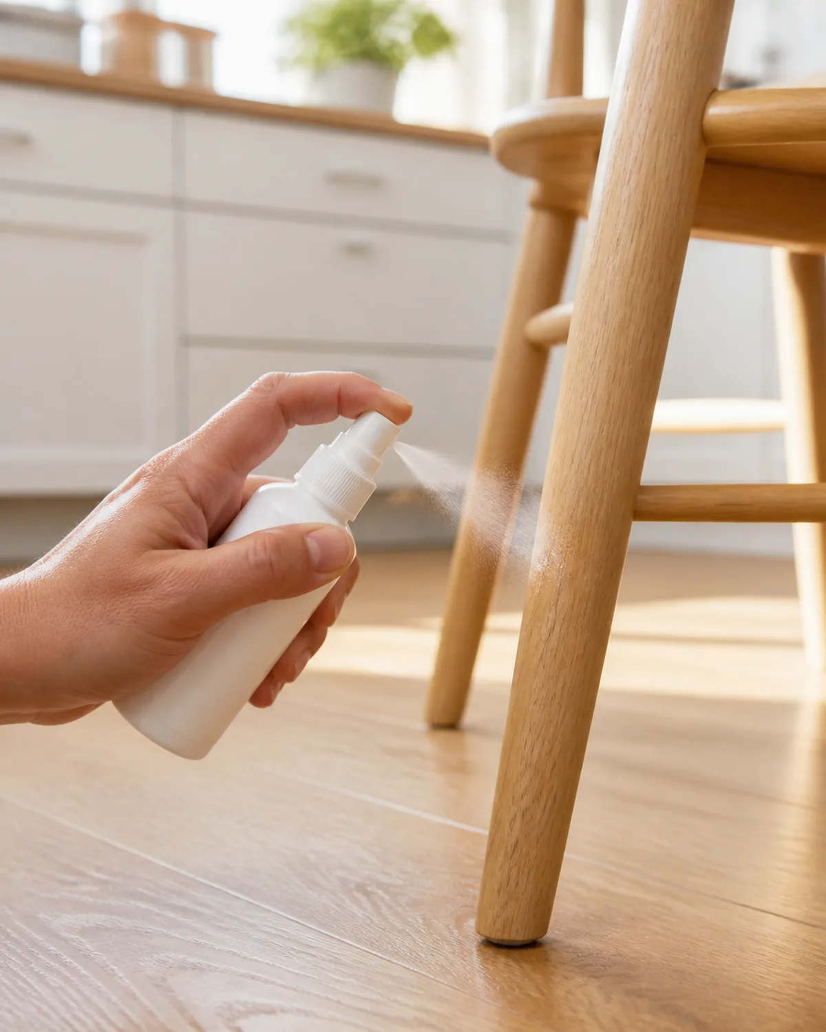 a persons hand holding a small white spray bottle spraying clear liquid onto the lower portion of a light wooden chair leg in a bright clean kitchen warm natural light