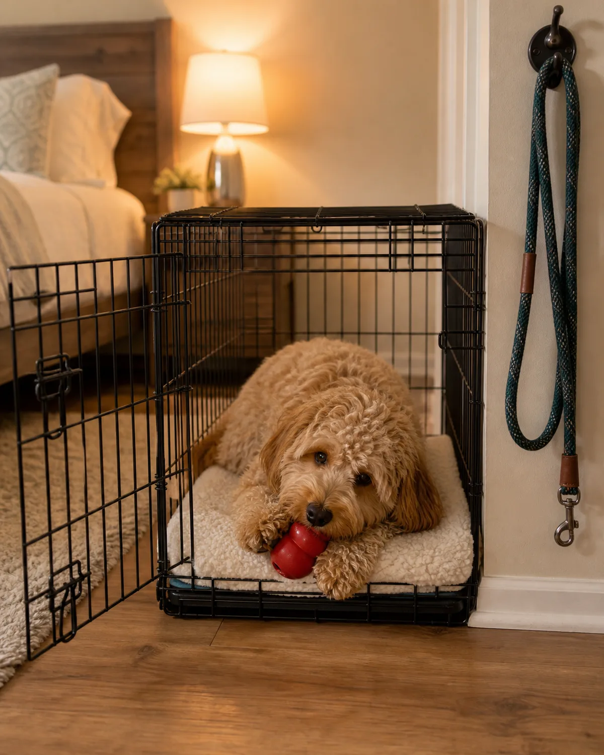 a medium apricot shaggy wavy coated dog with floppy ears and a teddy-bear face lying inside an open wire crate on a cream fleece pad chewing a Kong toy the crate door wide open a leash hanging on a hook beside the crate warm bedroom lamp light