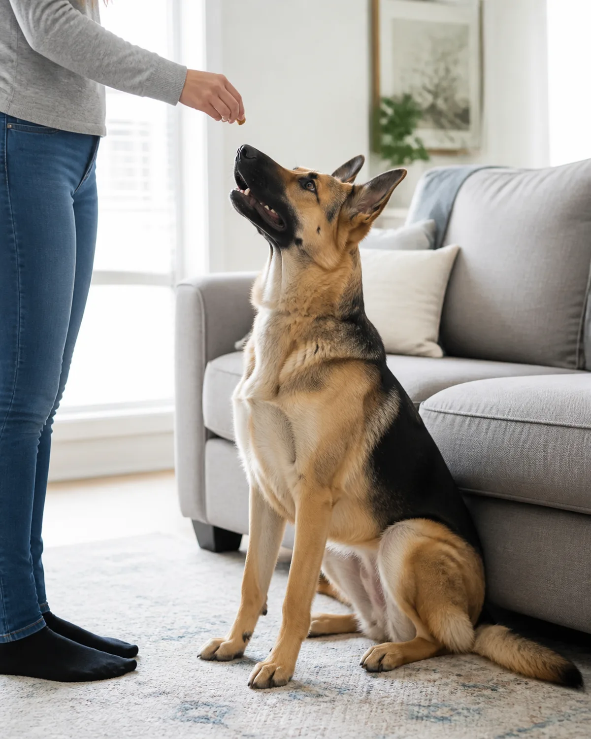 a large tan dog with a black saddle-and-mask medium coat large upright pointed ears sitting on a living room floor looking up attentively at a person holding a small treat with bright natural light from a window