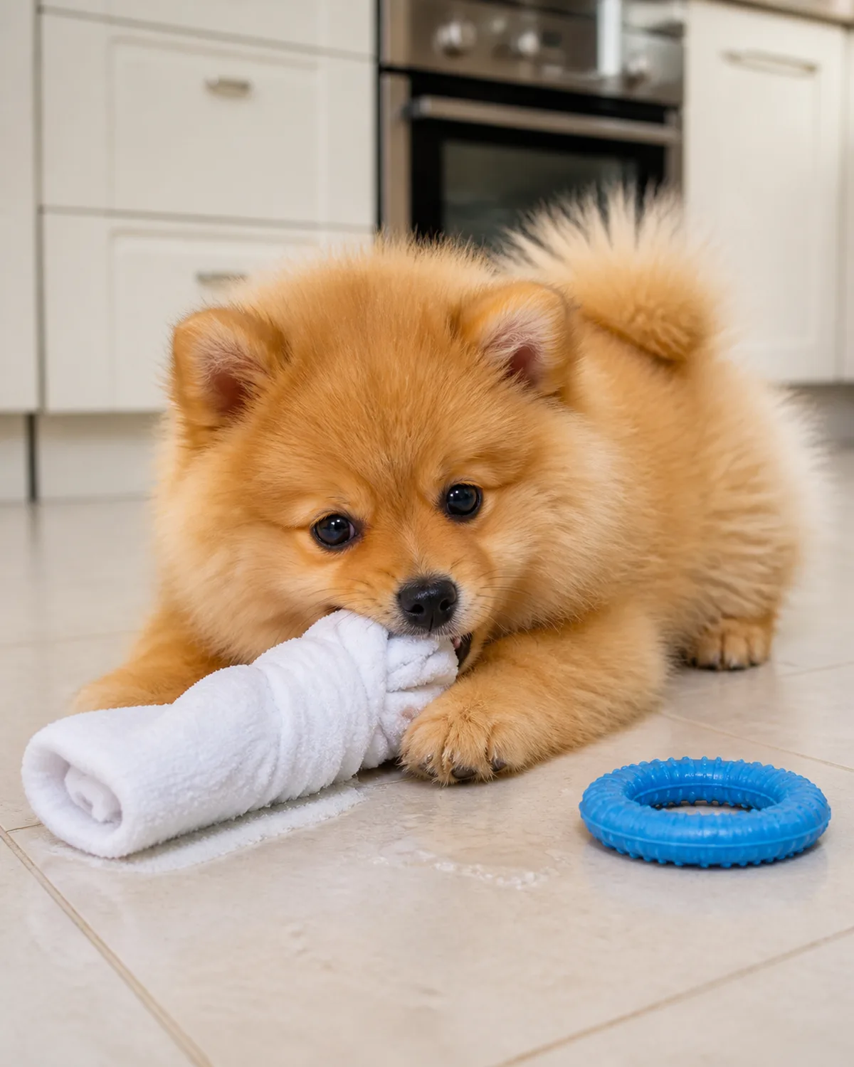 a tiny fluffy orange double-coated puppy with a foxy face small erect ears sitting on a kitchen floor happily gnawing on a twisted frozen white washcloth with a small blue rubber teething ring beside them warm bright kitchen light