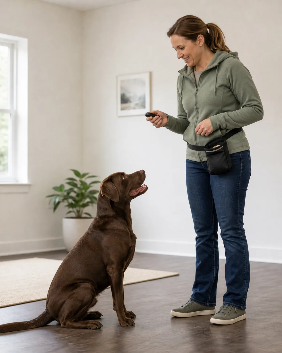 a large solid chocolate-brown short-coated dog with floppy ears sitting calmly on the floor of a bright room looking up at a friendly person holding a clicker and treat pouch the dogs body language relaxed and attentive warm overhead light