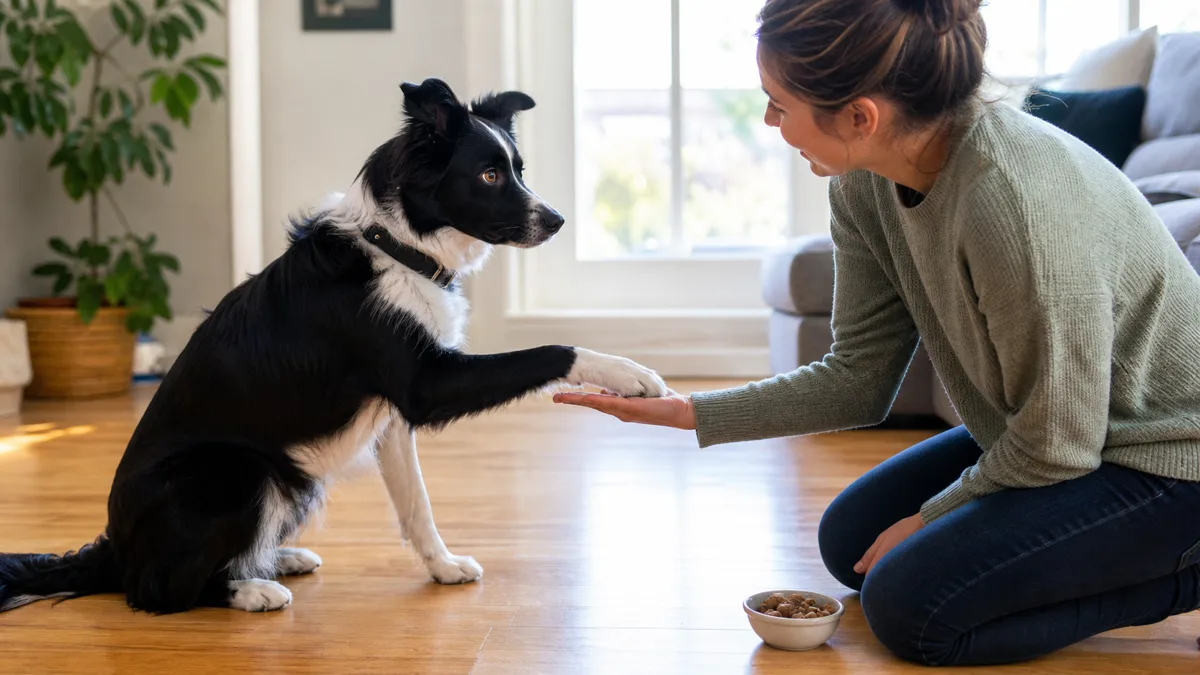 a medium athletic dog with a black-and-white coat and white blaze on the chest semi-erect ears and an intense gaze sitting on a bright living room hardwood floor with one front paw lifted and placed firmly on the open palm of a person kneeling in front of it both looking at each other warm afternoon light from a large window a small bowl of training treats visible on the floor beside the person